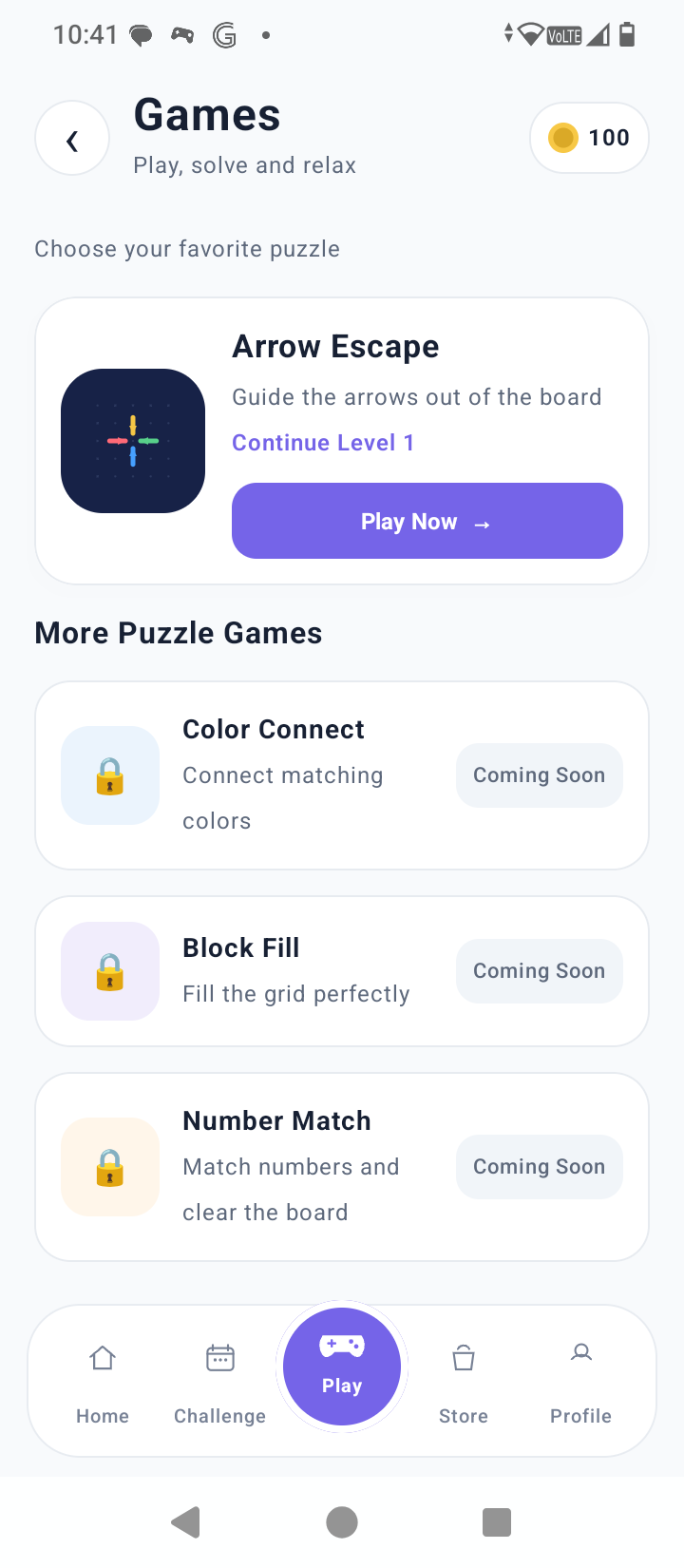 Puzzle Hub games listing screen