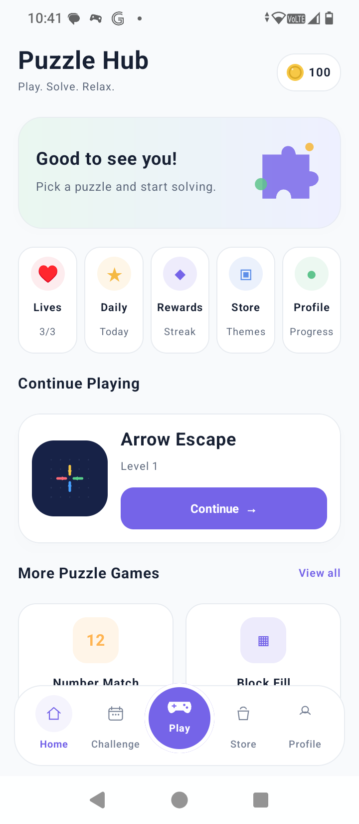 Puzzle Hub home screen