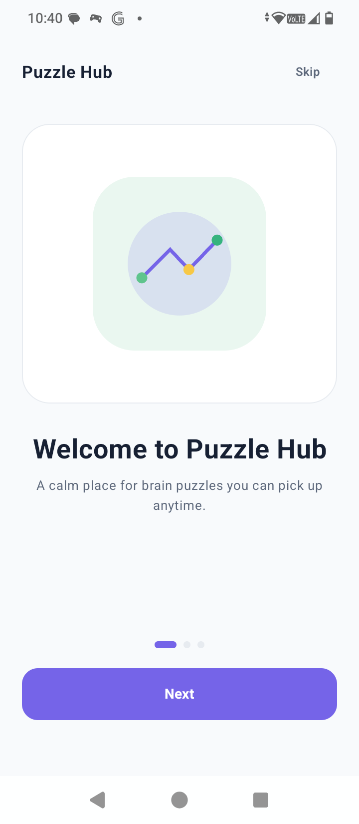 Puzzle Hub onboarding welcome screen